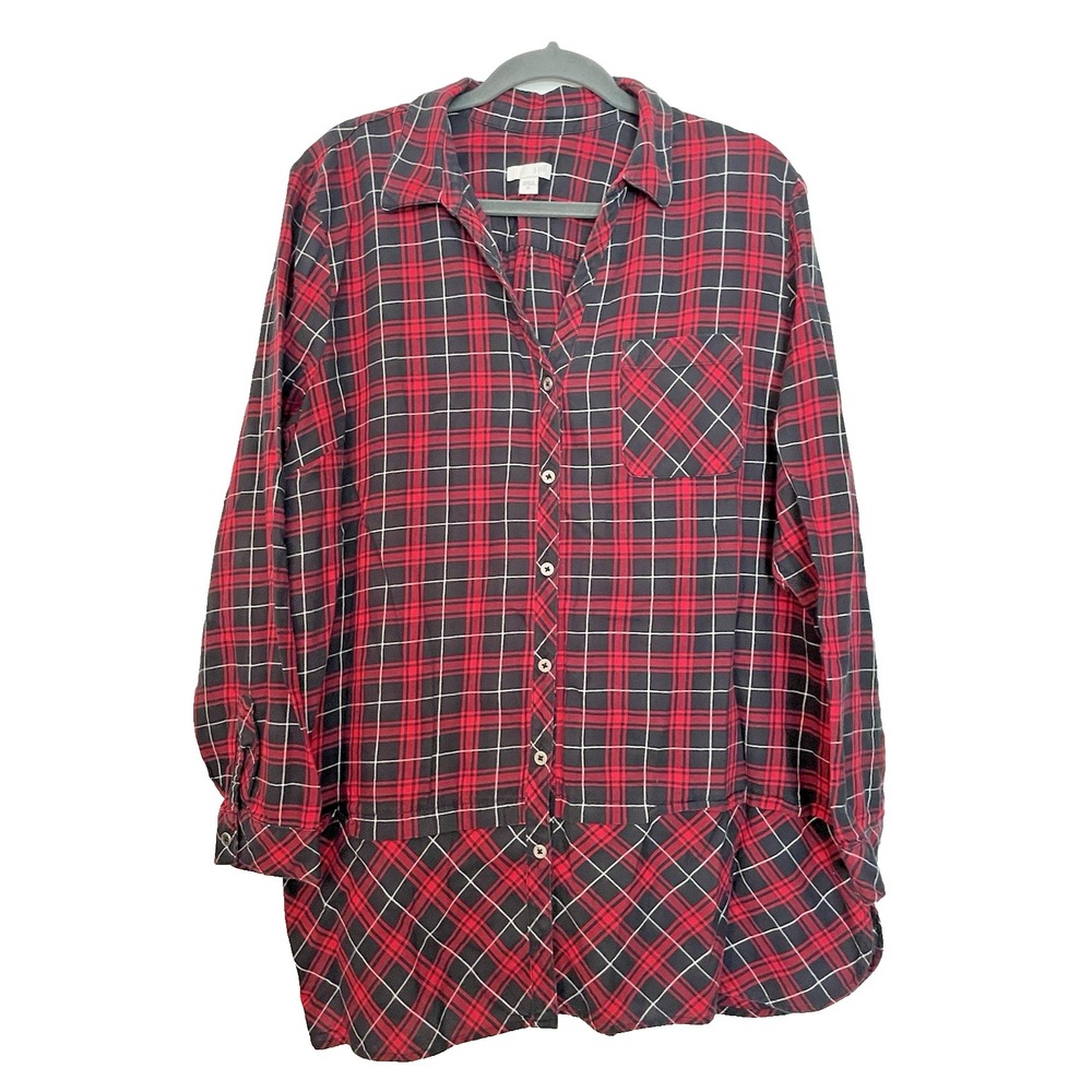 J.‎ Jill Sz XL Red Black Plaid Flannel Tunic Button Up Shirt Contrast Hem lagan